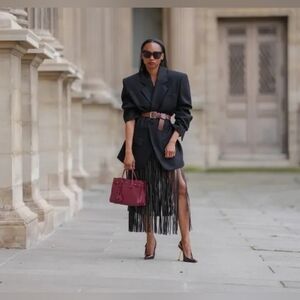 WOMENS FAUX SUEDE FRINGE BLACK MAXI SKIRT M